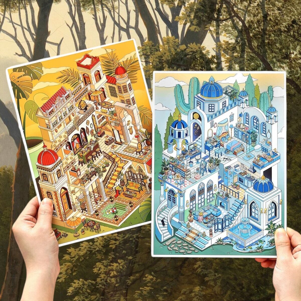 DIY Calming Scene Sticker Set: Two Themes – Red-Tiled Overseas Building & Santorini